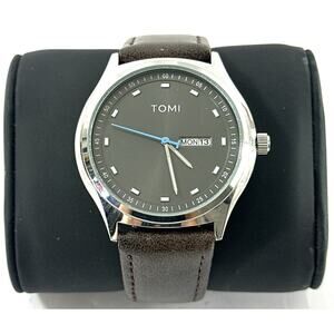 TOMI Men’s Stainless Steel Quartz Watch Brown Leather Band Day Date New Battery
